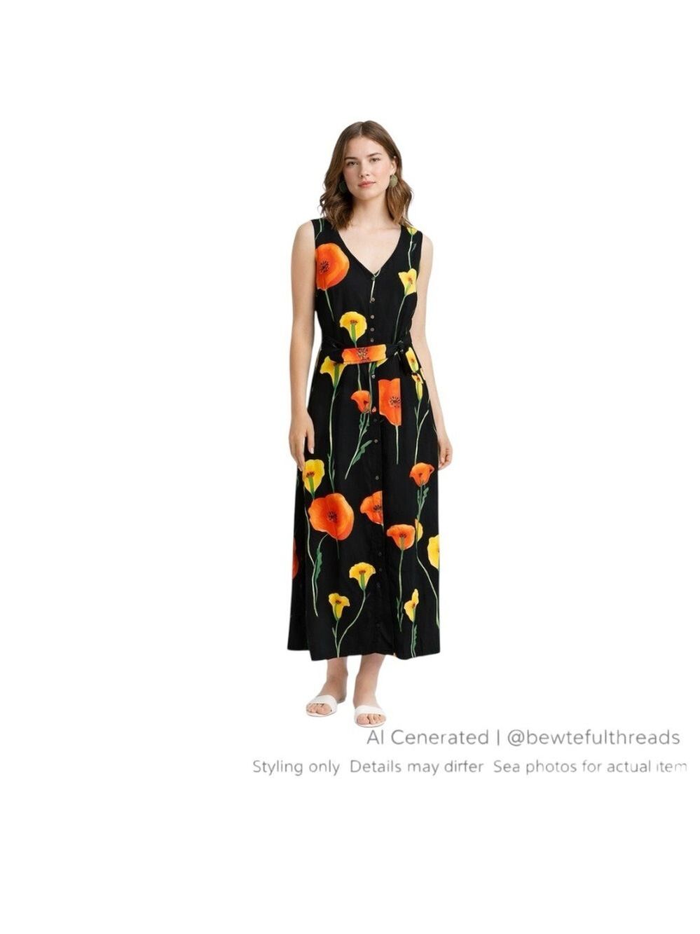 Vintage Floral Rayon Maxi Dress Arvanti Button Front Tie Waist XL/L